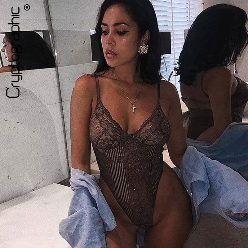 Cryptographic hot sale sheer lace bodysuit women backless transparent mesh bow sexy jumpsuit  catsuit straps bodysuits thong