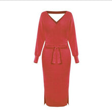 Load image into Gallery viewer, New Sexy Autumn V Neck With Cross Belt Sweater Knitted Women Dress Split Slim Winter Long Sleeve Elegant Ladies Z343
