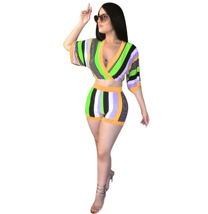 Sexy 2 Piece Set Women Stripe Tops+Bodycon Shorts Suit Casual Summer Outfits Plus Size