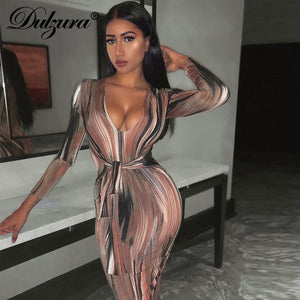 Dulzura tie dye print women midi dress long sleeve bodycon sexy bandage bodycon sexy autumn winter clothes party dinner