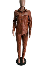 Load image into Gallery viewer, Sexy Two Piece Set Women Plus Size PU Leather Long Sleeve Top and Bodycon Pant Suit
