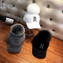 Load image into Gallery viewer, Fashion Faux fur ball baseball cap winter Faux seahorse hair Warm Cap For Women Rhinestone Diamond Letter Visor Hats
