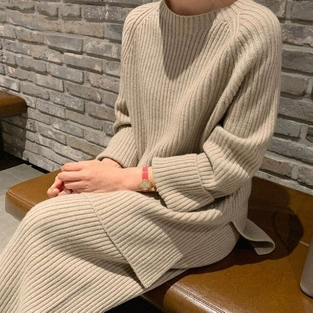 Women Knitted Tracksuit Autumn Winter O-neck Sweater 2 Piece Set  Fashion Solid Ladies Pullover Tops  Wide Leg Pants Home Suit