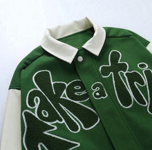 Load image into Gallery viewer, Bomber Jacket Women Green Contrast Sleeve PU Leather Coat Outerwear TAKE A TRIP Letter Applique Female Autumn Baseball Jackets
