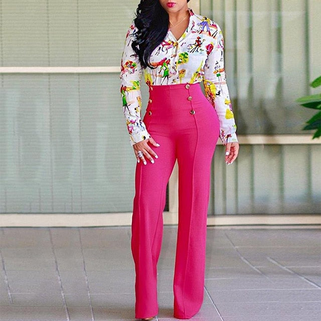 Wide Leg High Waist Women Pants Button Plus Size Flare Casual Pants Office Lady Loose Stretch Palazzo Pants