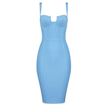 Load image into Gallery viewer, Ladies Sexy Blue Yellow Black Rayon Women Summer Bandage Dress Celebrity Designer Fashion Party Dress
