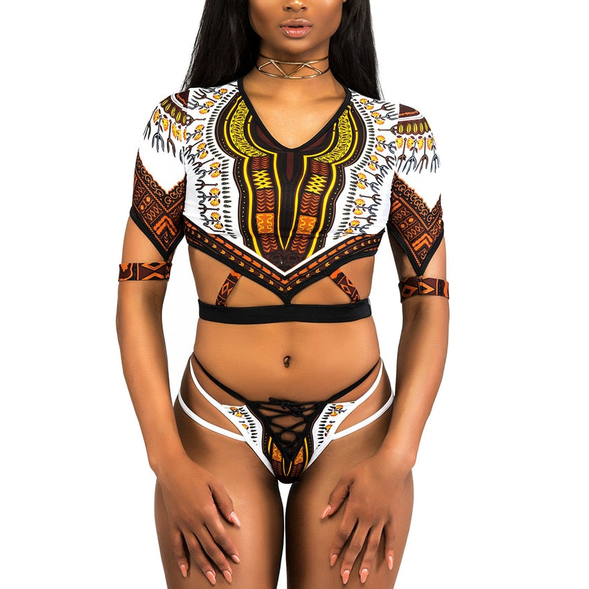 African Short Sleeve Swimsuit Dashiki Print Bikini Set Bikinis Women Thong Swimwear Female Plus Size Swimsuits Bathing Suit