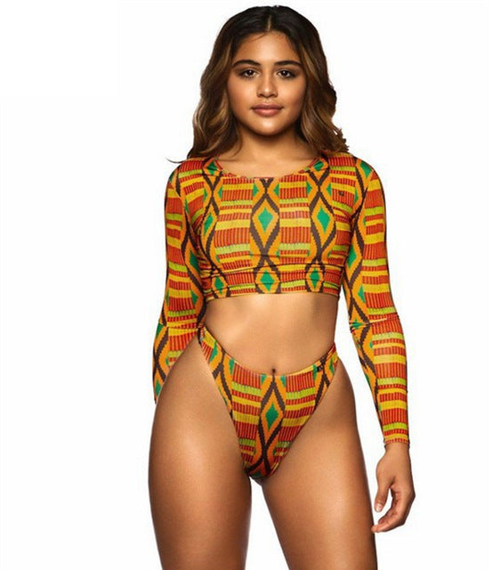 African Print Swimwear Thong Bikini Set