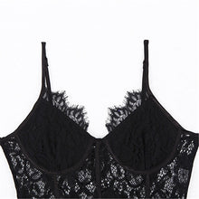 Load image into Gallery viewer, Sexy Transparent Lace Patchwork Bodysuits Women White Black Bust Bodycon Night Club Spaghetti Strap Slim Rompers
