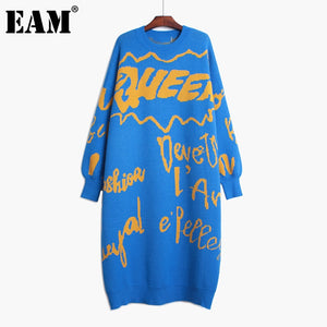 Women Printed Big Size Long Knitting Dress New Round Neck Long Sleeve Loose Fit Fashion Tide Autumn Winter  1DA783