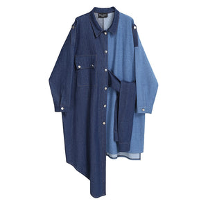 Women Big Size Irregular Contrast Color Blue Denim Dress New Lapel Long Sleeve Loose