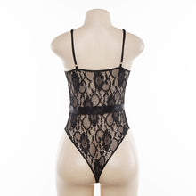 Load image into Gallery viewer, Sexy Transparent Lace Patchwork Bodysuits Women White Black Bust Bodycon Night Club Spaghetti Strap Slim Rompers
