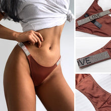 Load image into Gallery viewer, Letter Rhinestone Sexy Underwear Fitness Sports Hip Lifting Satin Panties Thong Low Waist Seamless Briefs Tanga Lingerie

