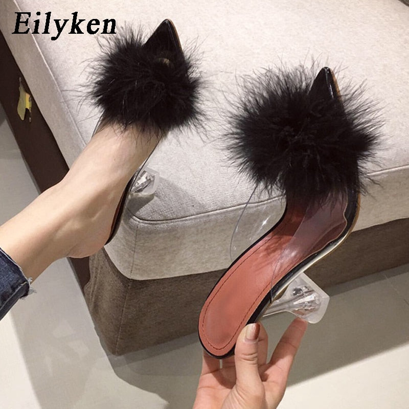 Summer Woman Pumps PVC Transparent Feather Perspex Crystal High Heels Fur Peep Toe Mules Slippers Ladies Slides Shoes