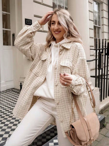 Women Blazer Tweed Shirts Plaid Oversized Jacket Casual Button Up Jacket Ladies Long Sleeve Women Casual Blazer Tops Beige Shirt