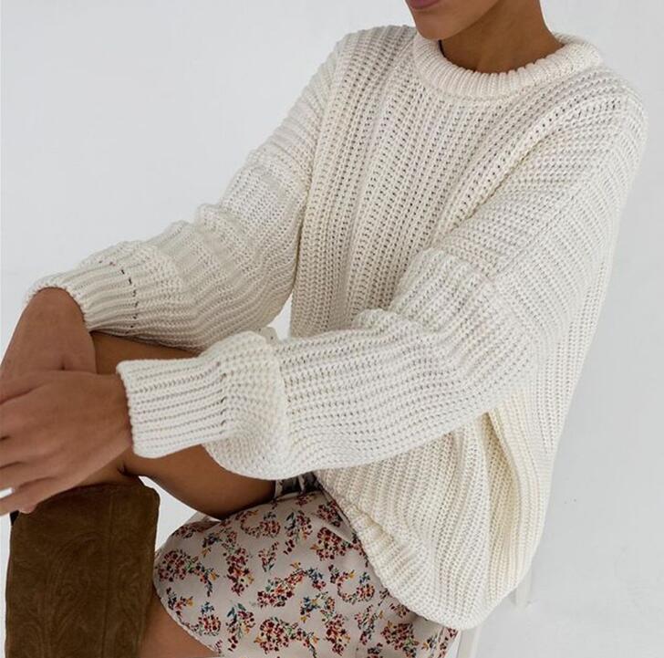 Women Solid Knitted Thickening Oversized Sweater