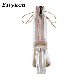 New Sexy PVC Transparent Gladiator Sandals Peep Toe Shoes Clear Chunky heels Sandals  Women Boots Sandals