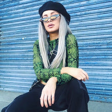 Load image into Gallery viewer, Casual Green Snake Print T Shirt Women Mesh Top Long Sleeve Transparent Snakeskin Female T-shirt High Neck Crop Tops
