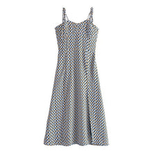 Load image into Gallery viewer, Romantic Blue Geometric Print Bandage Spaghetti Strap Midi Dress Retro Women Lacing Up Sling Slit Dresses Holiday Robe
