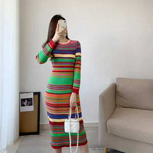 Women Fashion Colorful Rainbow Striped Knitting Sweater Dresses Sexy Bodycon Sheath Knee Length Winter Chic Dress