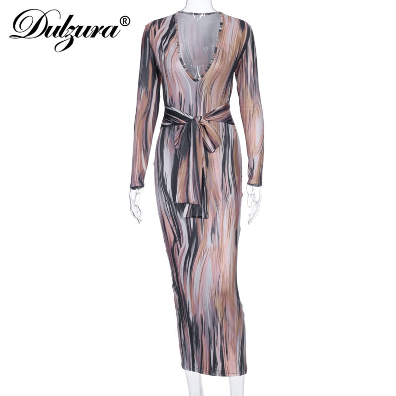 Dulzura tie dye print women midi dress long sleeve bodycon sexy bandage bodycon sexy autumn winter clothes party dinner