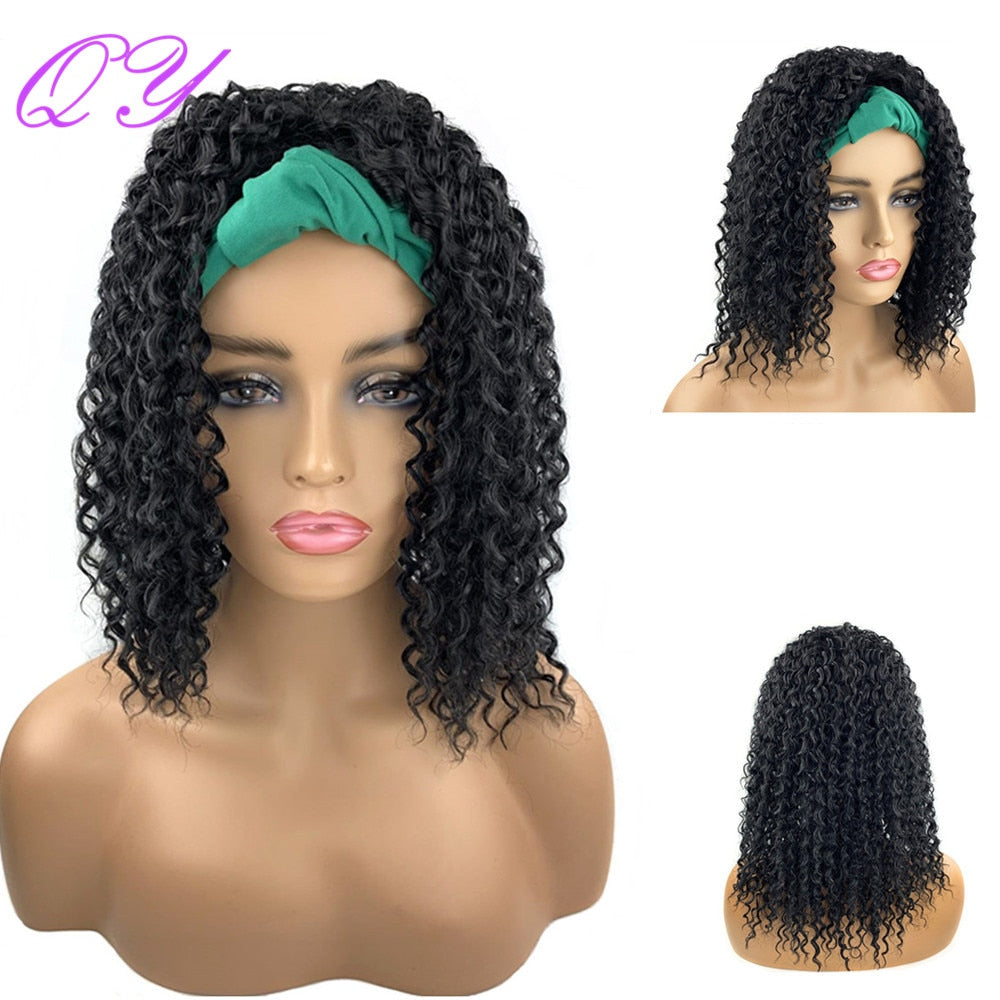 QY Hair Big Afro Kinky Curly Headband Wigs For Women Synthetic Hair Wigs Turban Wrap Hair Style