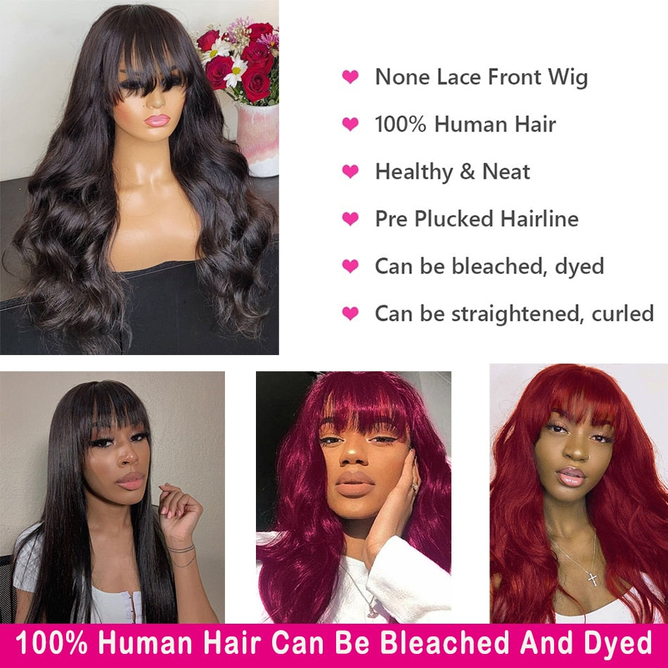 Human Hair Wigs With Bangs Full Machine Made Wig Brazilian Body Wave Wigs Natural Human Hair Wigs For Black Women Glueless Remy