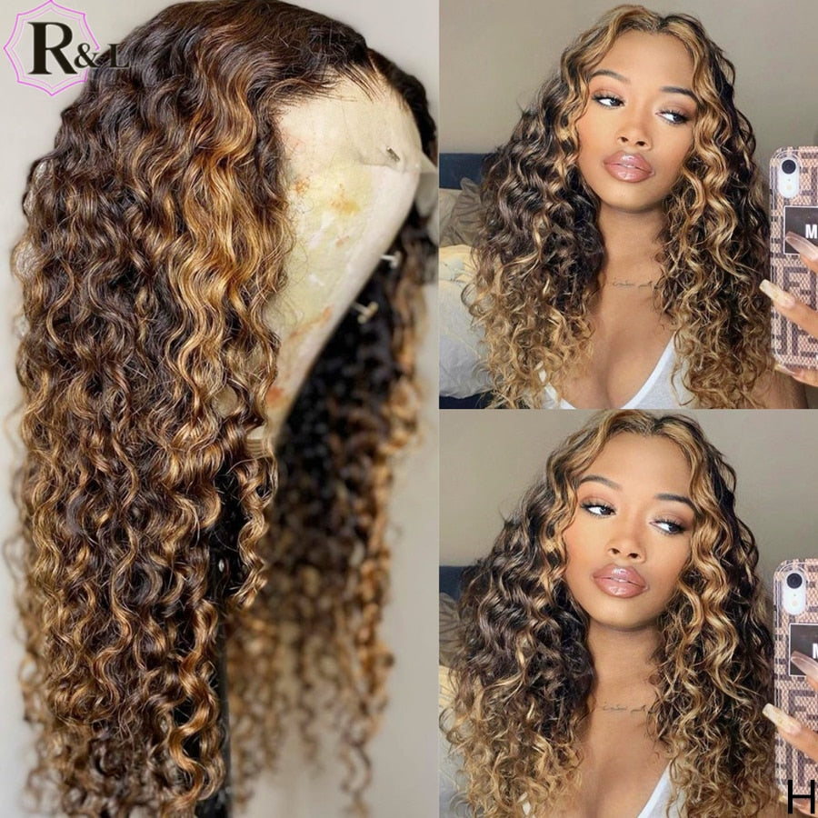 RULINDA Lace Front Human Hair Wigs Highlight Ombre Curly Brazilian Non-Remy Hair Lace Wigs 180% Density