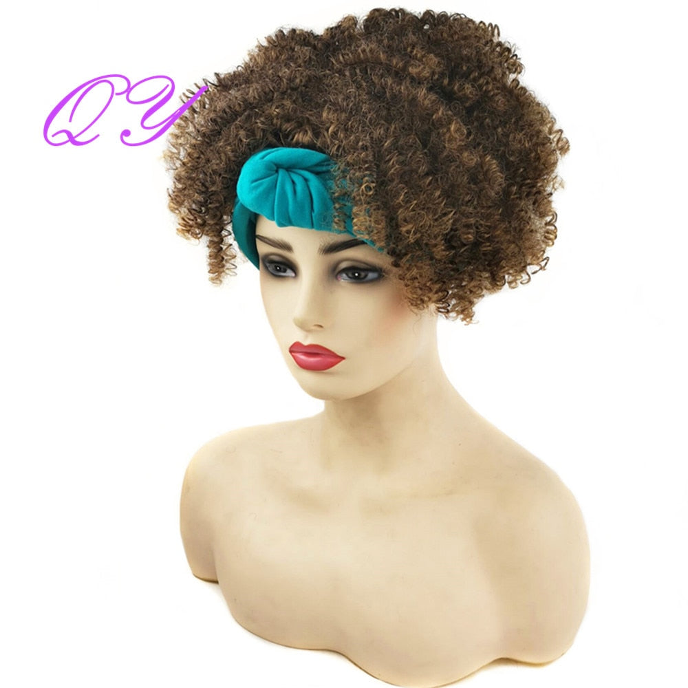 QY Hair Big Afro Kinky Curly Headband Wigs For Women Synthetic Hair Wigs Turban Wrap Hair Style