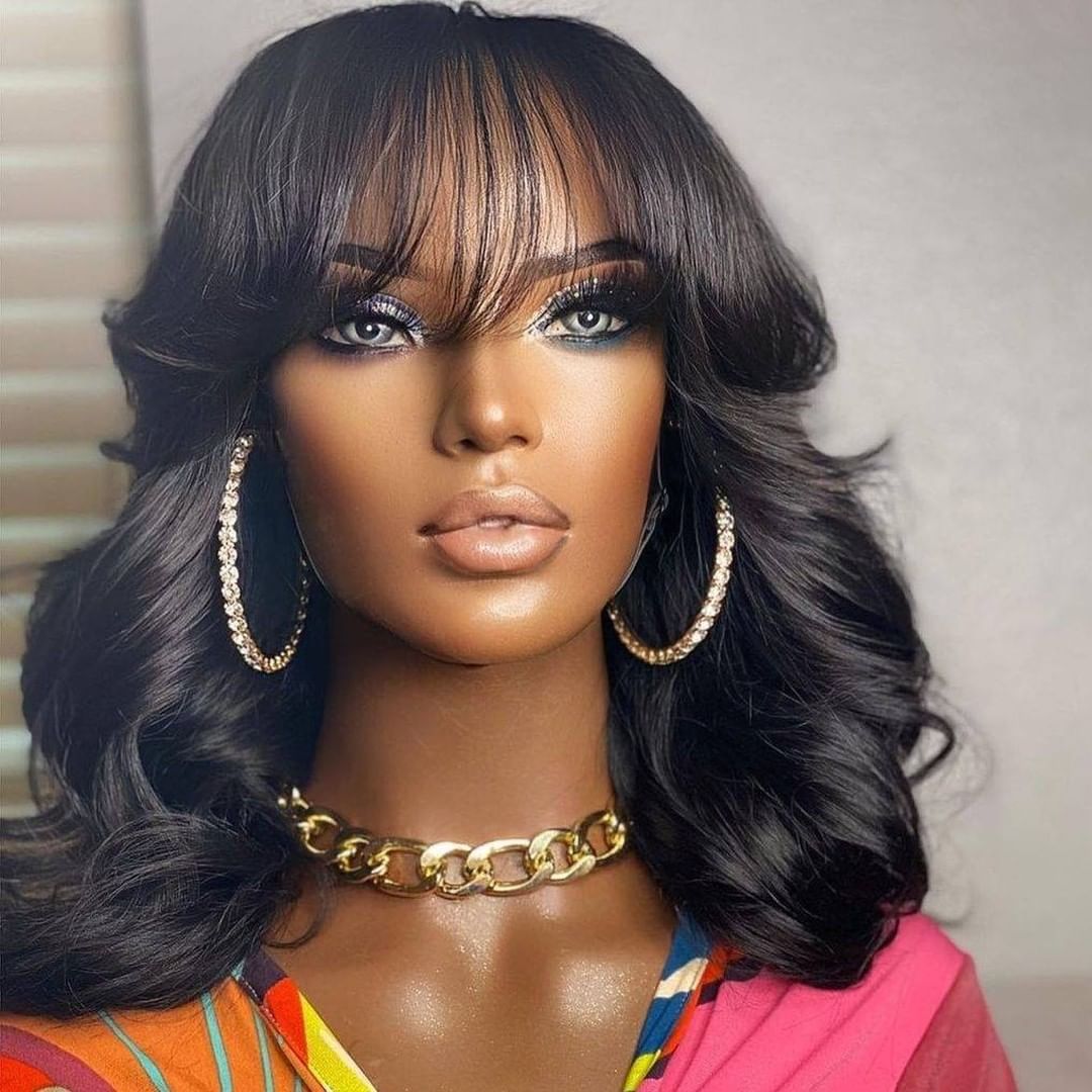 Human Hair Wigs With Bangs Full Machine Made Wig Brazilian Body Wave Wigs Natural Human Hair Wigs For Black Women Glueless Remy