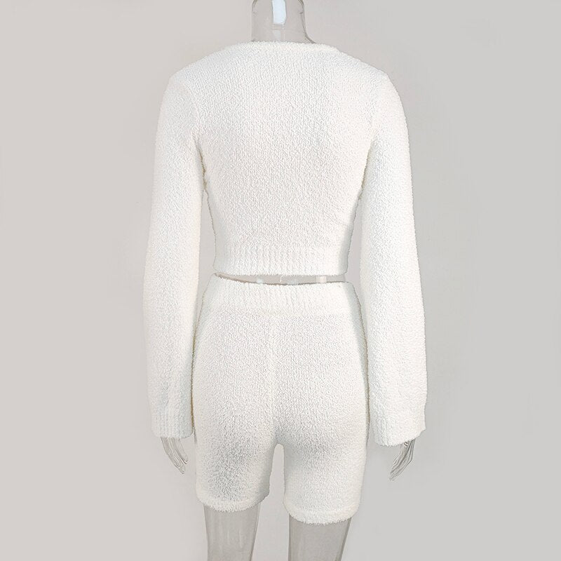 Casual Two Piece Sets Flare Sleeve Sweatshirts 2 Piece Shorts Set Sexy Fluffy Suits Lounge Set