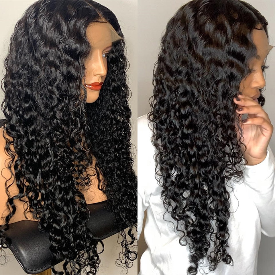 Water Wave 4x4 Frontal Wigs Pre-Plucked Hairline Peruvian Remy Hair HD Lace Closure Wigs For Black Women Curly Human Hair Wigs