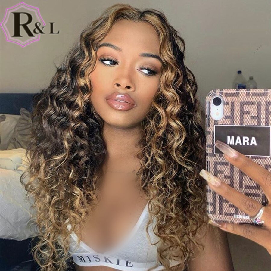 RULINDA Lace Front Human Hair Wigs Highlight Ombre Curly Brazilian Non-Remy Hair Lace Wigs 180% Density