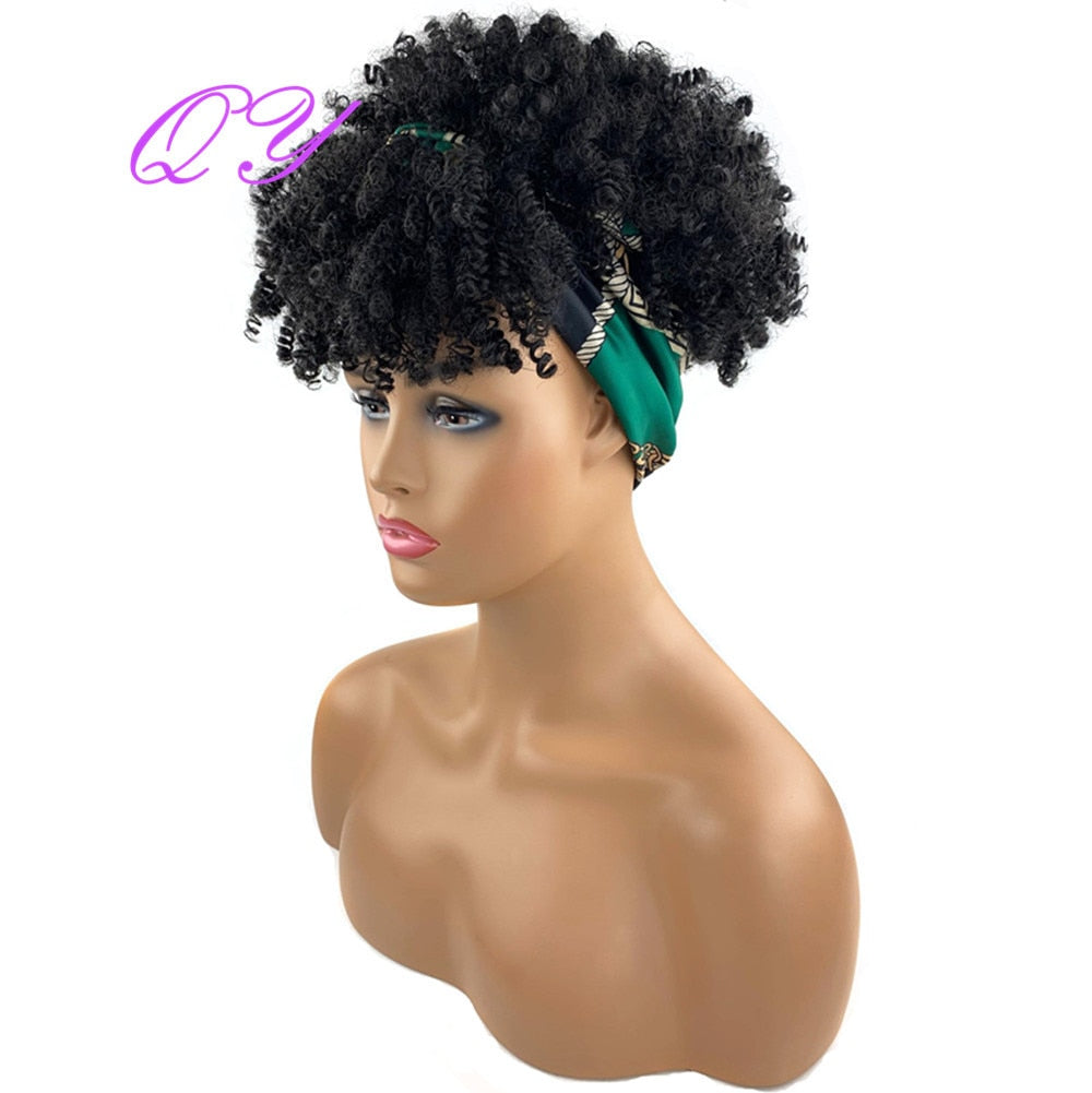 QY Hair Big Afro Kinky Curly Headband Wigs For Women Synthetic Hair Wigs Turban Wrap Hair Style