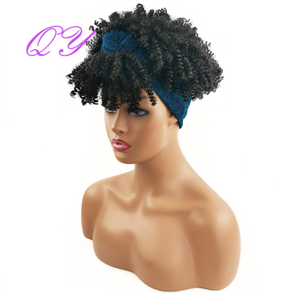 QY Hair Big Afro Kinky Curly Headband Wigs For Women Synthetic Hair Wigs Turban Wrap Hair Style