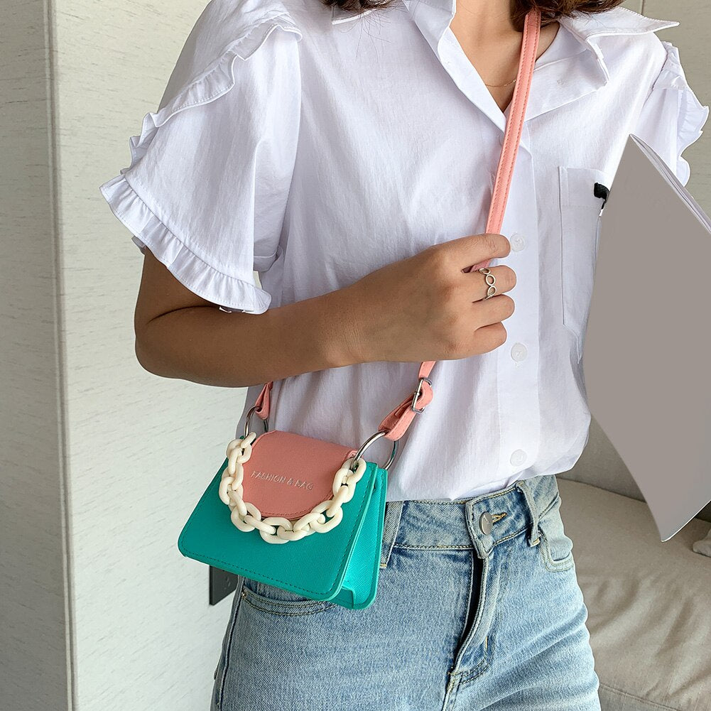 Youth Ladies Simple Versatile Bag Women Mini Crossbody Bag Acrylic Chain Lady Hit Color PU Leather Shoulder Pouch