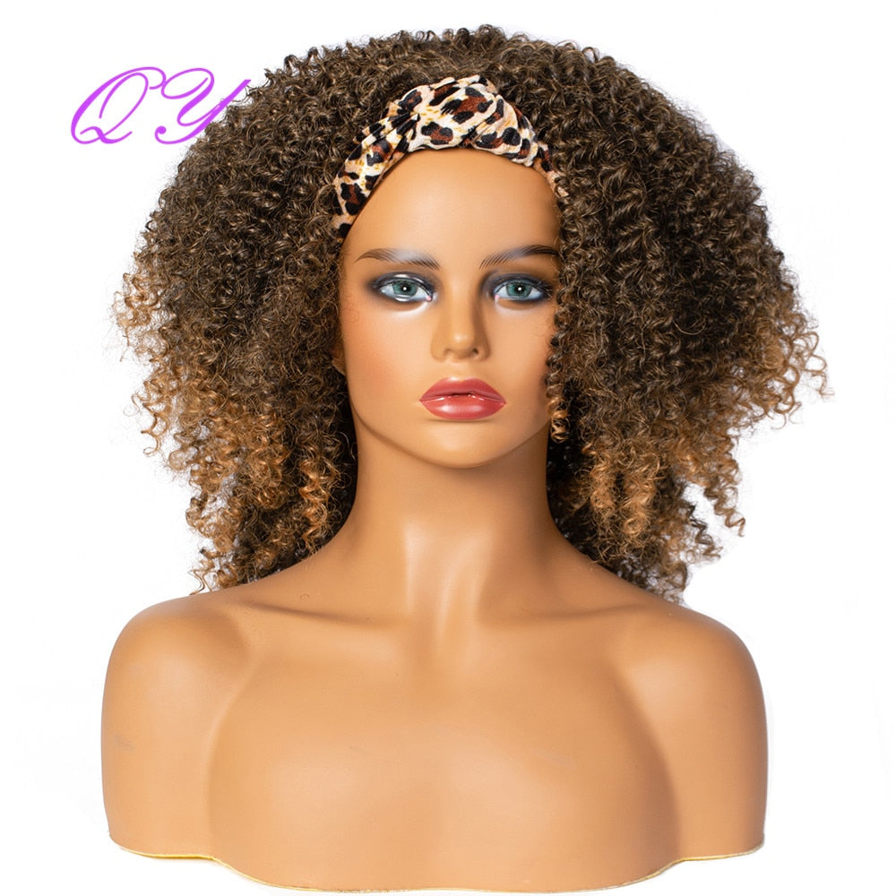 QY Hair Big Afro Kinky Curly Headband Wigs For Women Synthetic Hair Wigs Turban Wrap Hair Style