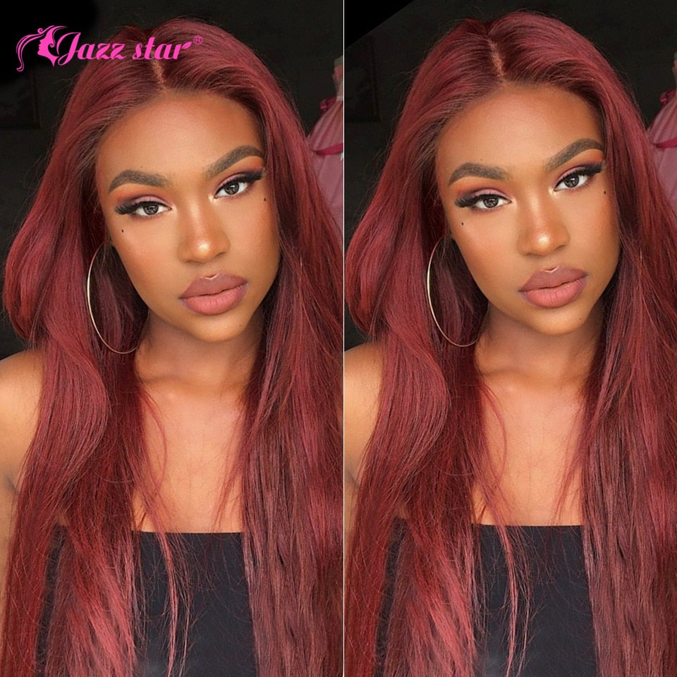 Burgundy 13x4 HD Transparent Lace Front Human Hair Wigs 99J Straight Lace Frontal Wig For Women Pre Plucked Non-Remy Jazz Star