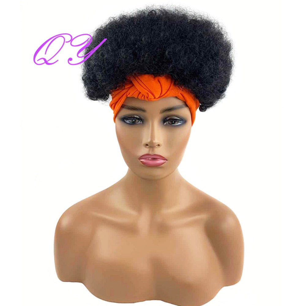 QY Hair Big Afro Kinky Curly Headband Wigs For Women Synthetic Hair Wigs Turban Wrap Hair Style