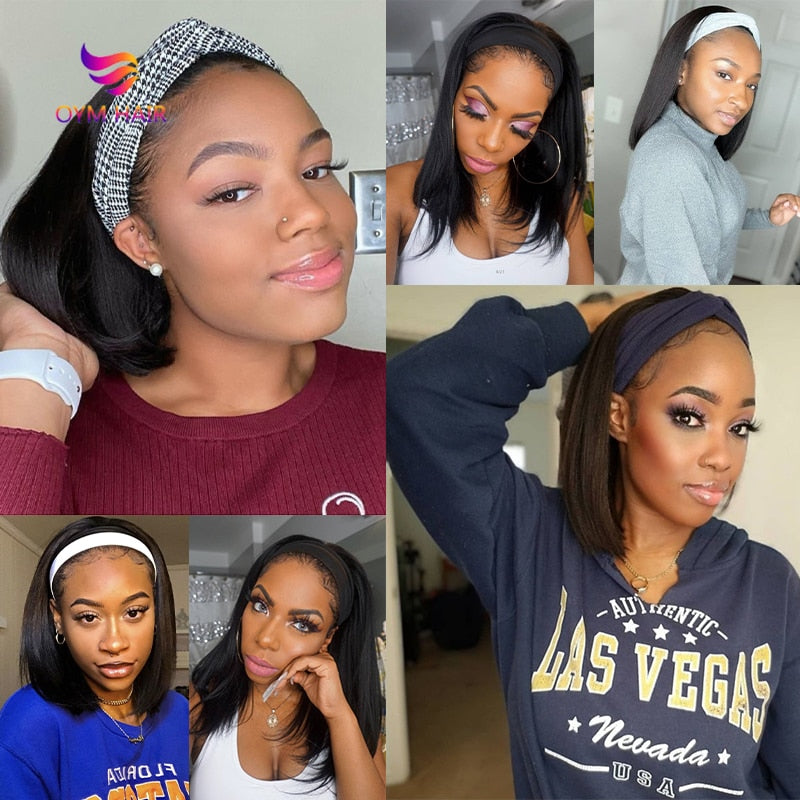 Straight Bob Headband Wig Human Hair Straight Human Hair Wigs For Black Women Machine Made Remy Short Bob Human Hair Wigs