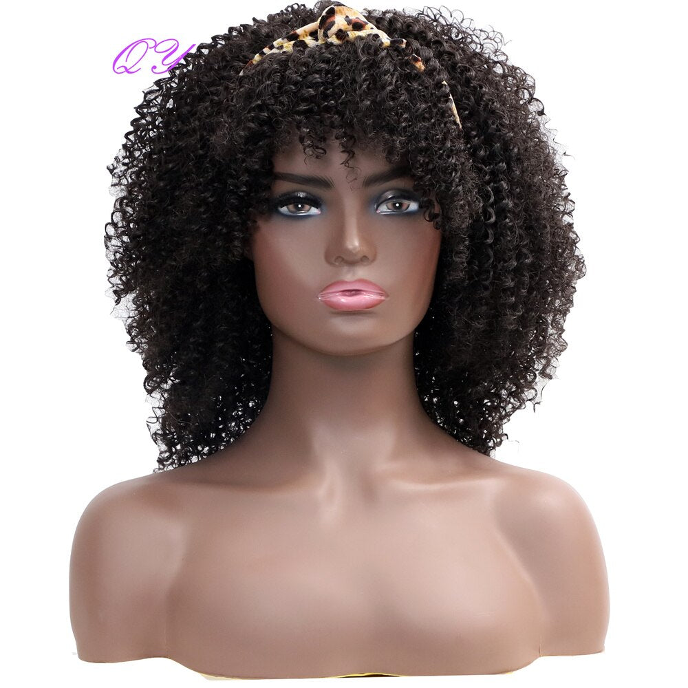 QY Hair Big Afro Kinky Curly Headband Wigs For Women Synthetic Hair Wigs Turban Wrap Hair Style