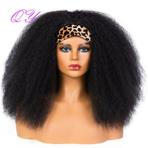 QY Hair Big Afro Kinky Curly Headband Wigs For Women Synthetic Hair Wigs Turban Wrap Hair Style