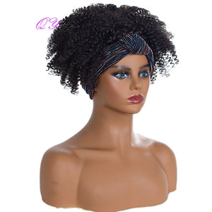 QY Hair Big Afro Kinky Curly Headband Wigs For Women Synthetic Hair Wigs Turban Wrap Hair Style