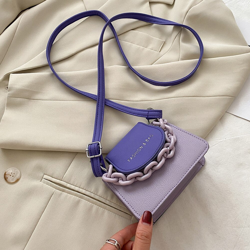 Youth Ladies Simple Versatile Bag Women Mini Crossbody Bag Acrylic Chain Lady Hit Color PU Leather Shoulder Pouch