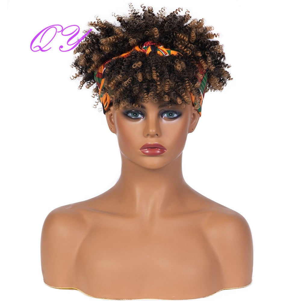 QY Hair Big Afro Kinky Curly Headband Wigs For Women Synthetic Hair Wigs Turban Wrap Hair Style