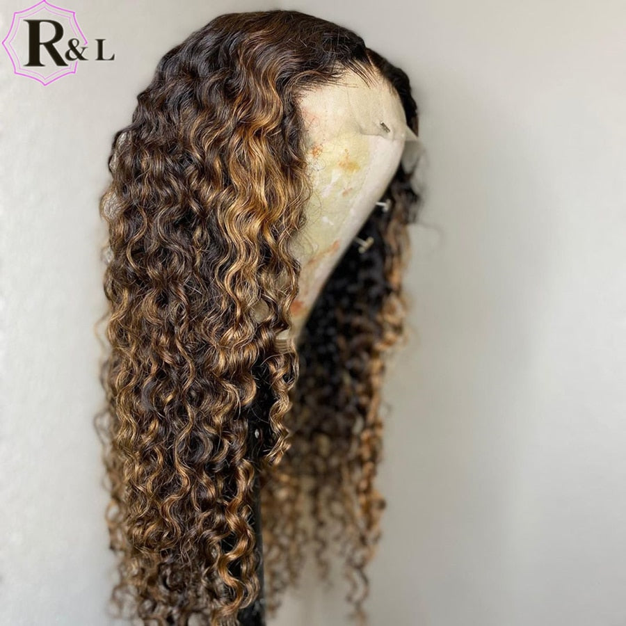 RULINDA Lace Front Human Hair Wigs Highlight Ombre Curly Brazilian Non-Remy Hair Lace Wigs 180% Density