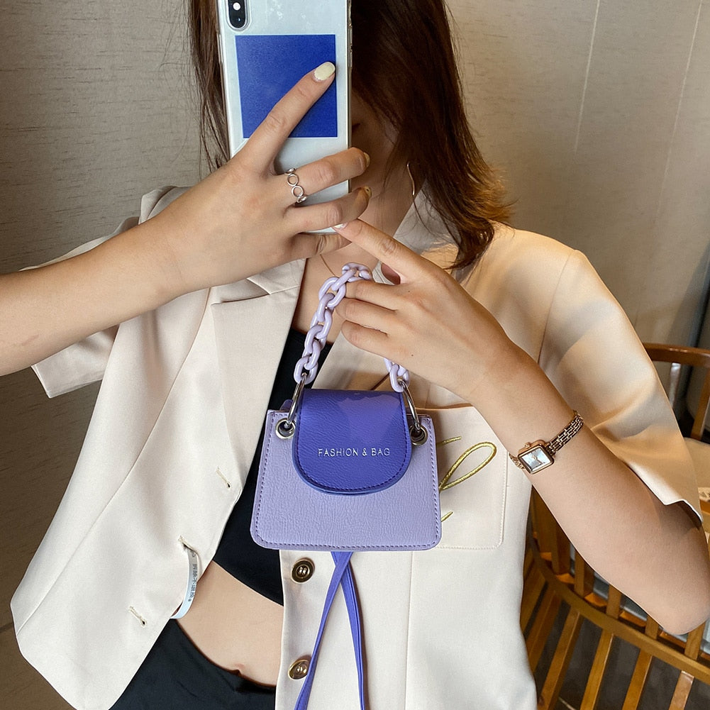 Youth Ladies Simple Versatile Bag Women Mini Crossbody Bag Acrylic Chain Lady Hit Color PU Leather Shoulder Pouch