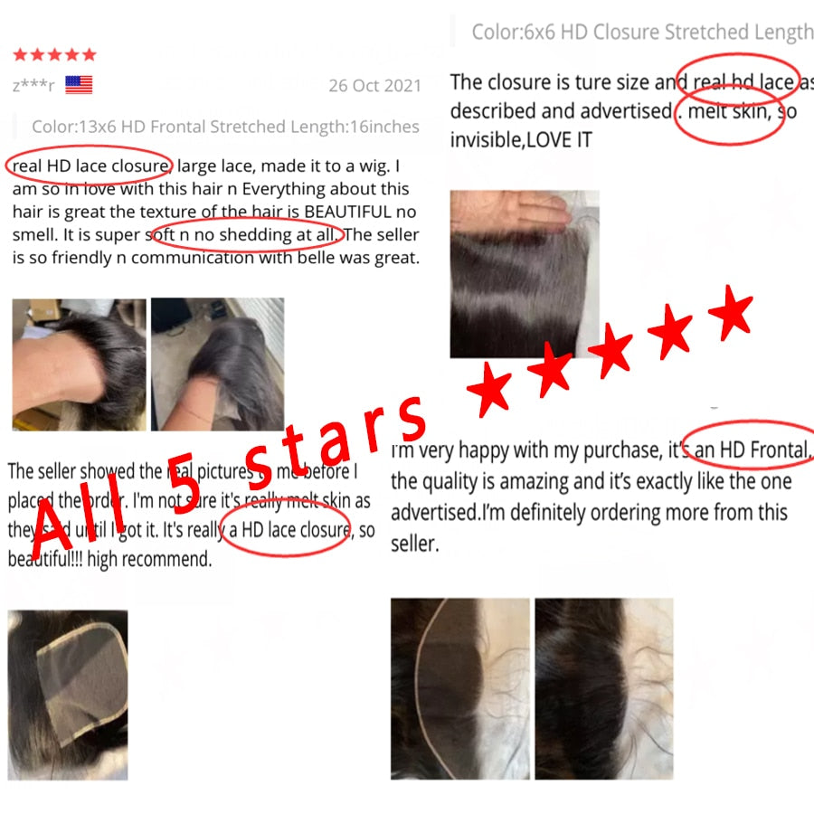 13x6 HD lace Frontal Invisible HD Transparent Lace Melt Skins Straight 6x6 5x5 HD Lace Closure Only Human Hair Remy Pre Plucked