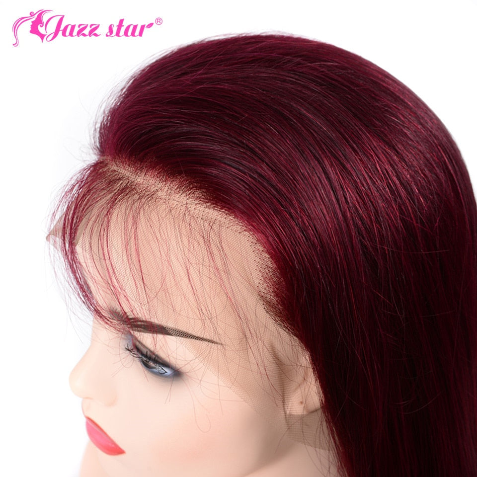 Burgundy 13x4 HD Transparent Lace Front Human Hair Wigs 99J Straight Lace Frontal Wig For Women Pre Plucked Non-Remy Jazz Star