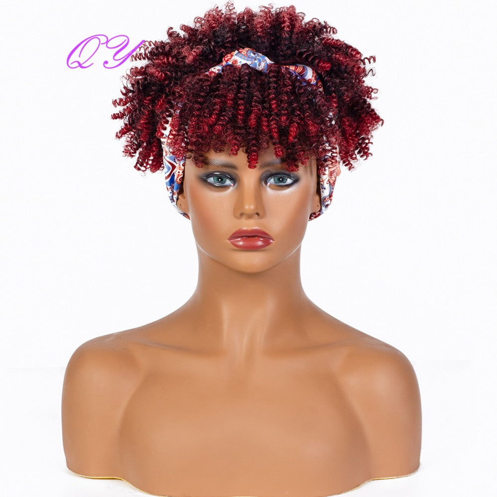 QY Hair Big Afro Kinky Curly Headband Wigs For Women Synthetic Hair Wigs Turban Wrap Hair Style